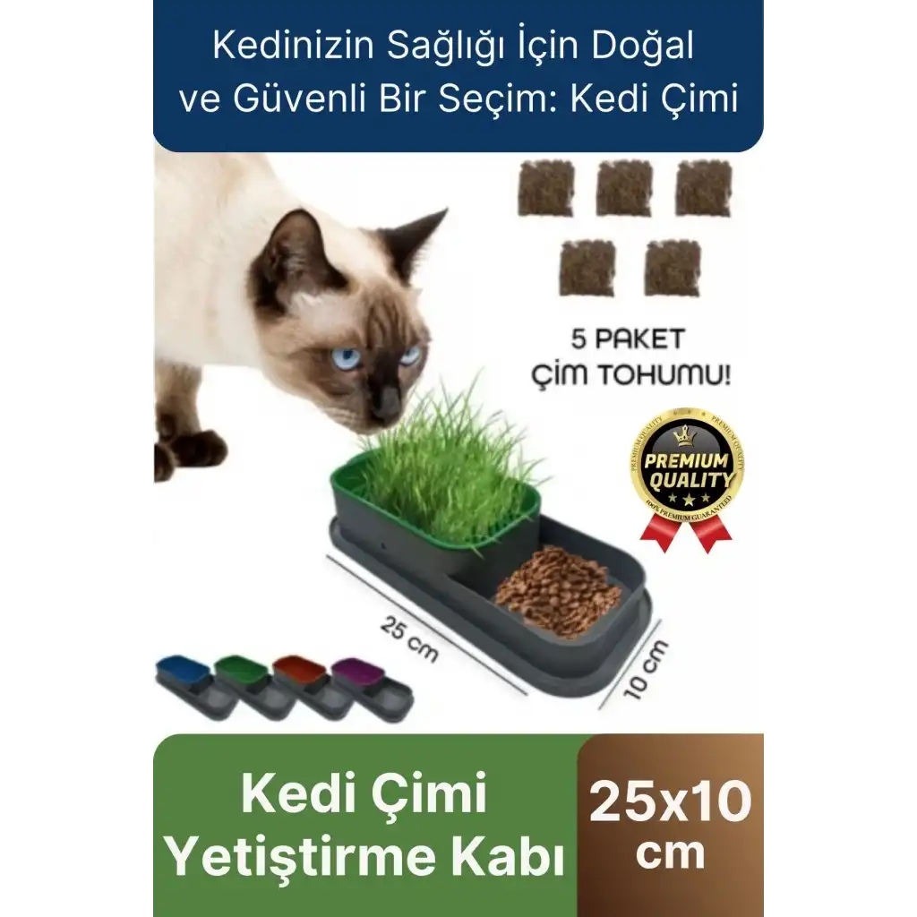 Premium Seri Hidroponik Topraksız Doğal 5 Adet Tohum Hediyeli Kedi Çimi Yetiştirme Kabı 25 x 10 cm