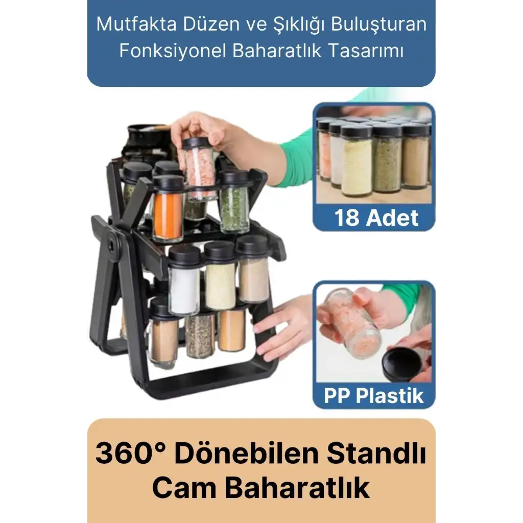 Özel Üretim Dayanıklı 360° Dönebilen Düzenleyici Standlı 18 Adet 100ml Cam Baharatlık 34x26x23 cm