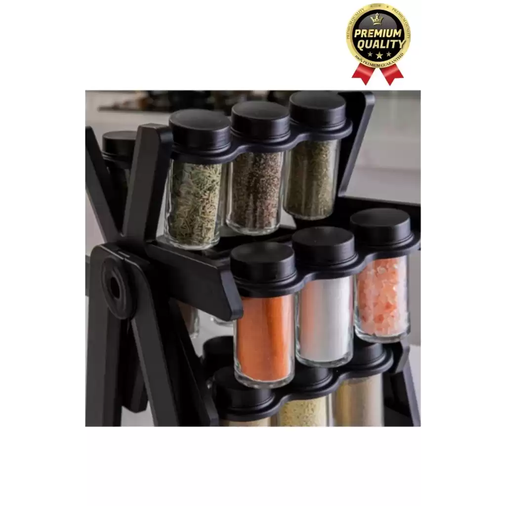 Özel Üretim Dayanıklı 360° Dönebilen Düzenleyici Standlı 18 Adet 100ml Cam Baharatlık 34x26x23 cm