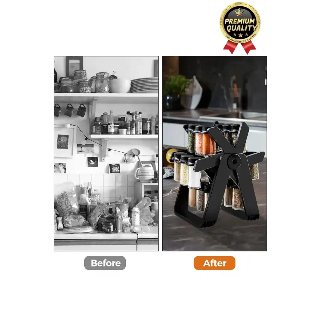 Özel Üretim Dayanıklı 360° Dönebilen Düzenleyici Standlı 18 Adet 100ml Cam Baharatlık 34x26x23 cm