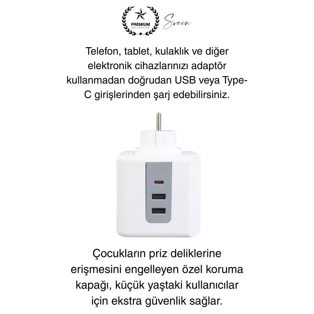 Premium 3lü Duvar Çocuk ve Akım Korumalı Isıya Dayanıklı Çoklu Küp Priz Usb Type-C Girişli Topraklı