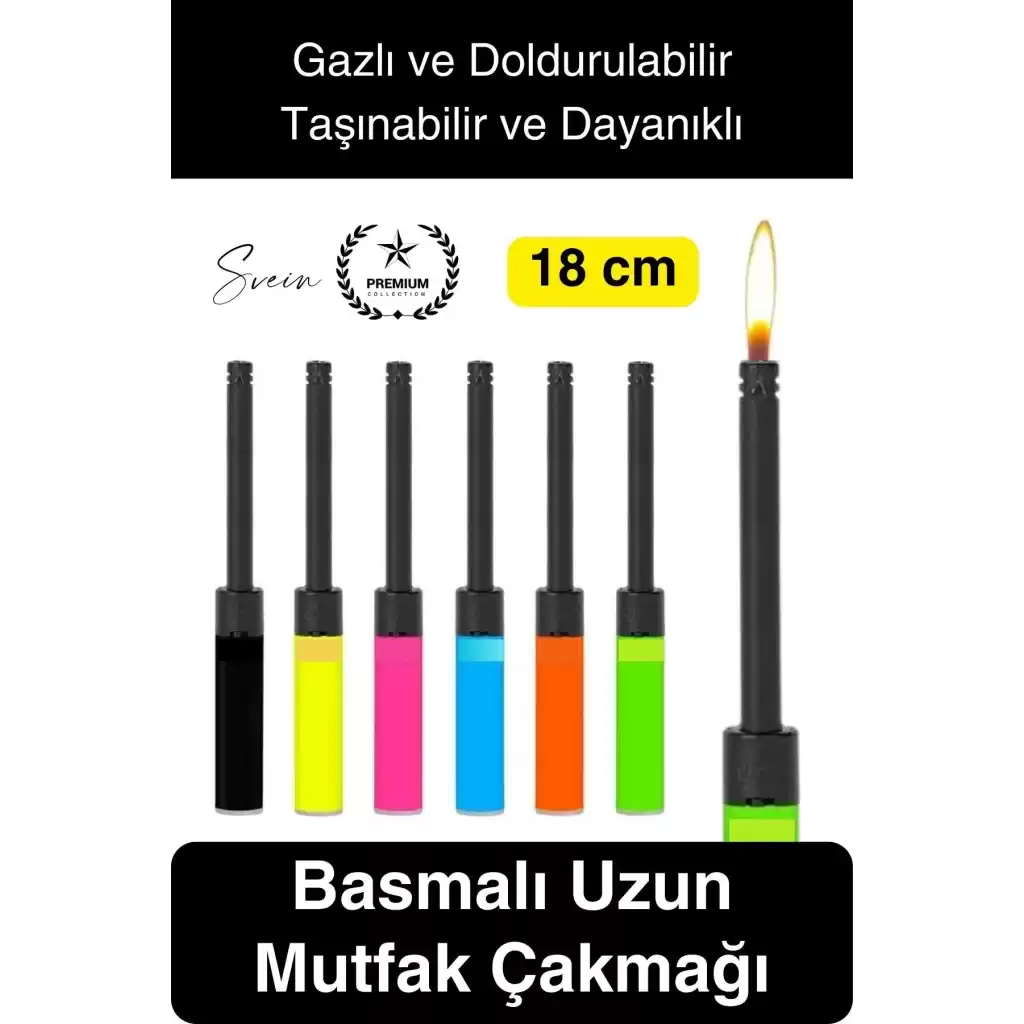 Premium 18 cm Basmalı Uzun Mutfak Çakmağı Gazlı Doldurulabilir Mum Mangal Kamp İçin Normal Alev