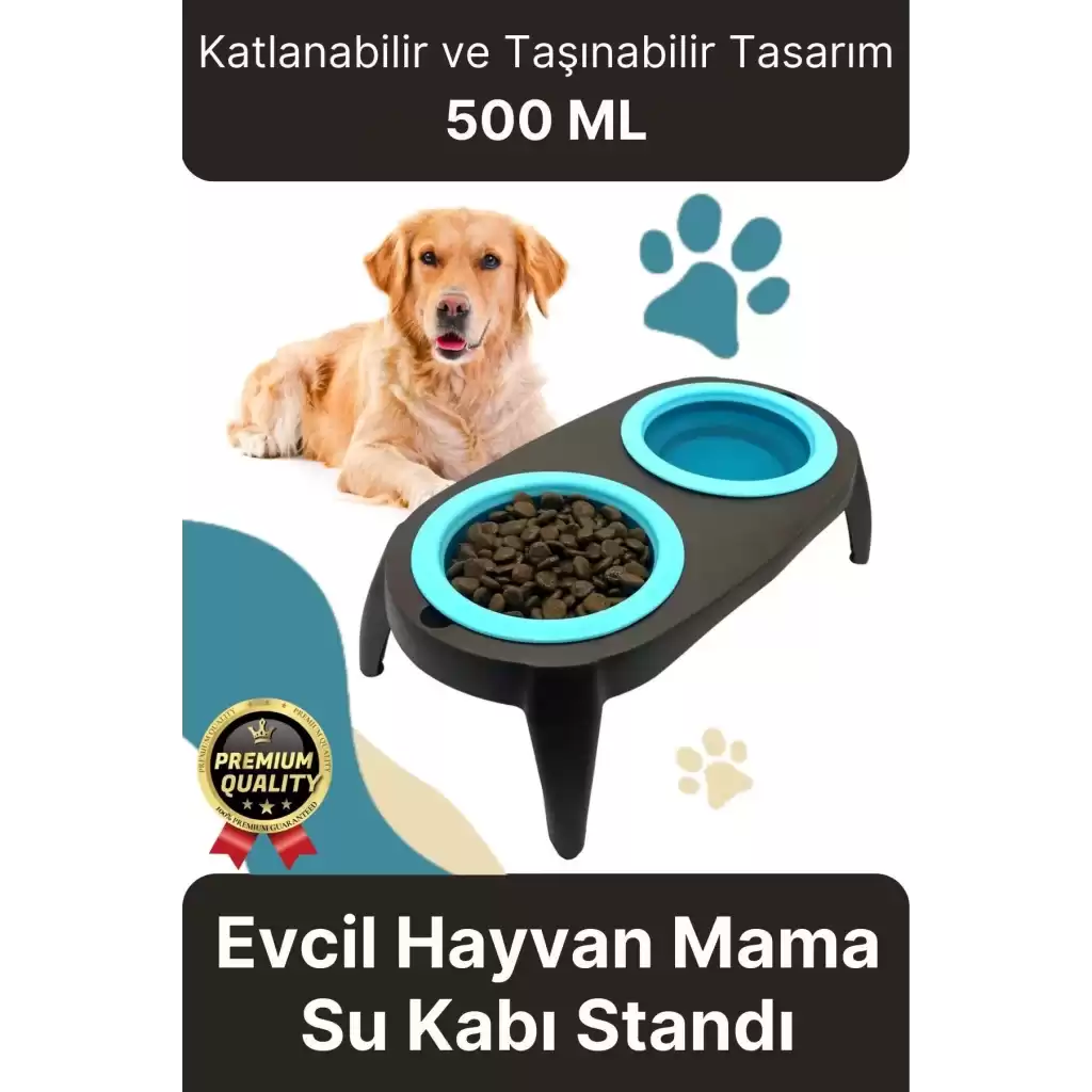 Yeni Seri Ayarlanabilir Ergonomik Portatif Katlanabilir İkili Kedi Köpek Mama Su Kabı Standı 500 Ml