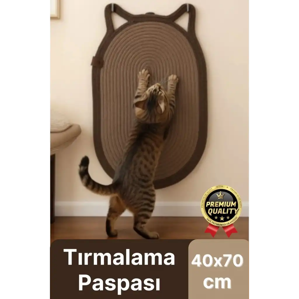 Dekoratif Dayanıklı Zemin Dostu %100 Doğal Jüt İp Kedi Şekilli Duvar Tipi Tırmalama Paspası 40x70cm