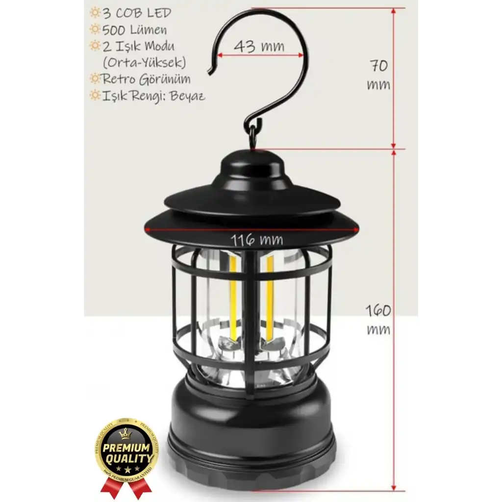 Çok Amaçlı Ayarlanabilir Şarjlı 2 Kademeli 500 Lümen Enerji Tasarruflu 3 COB Retro LED Kamp Lambası
