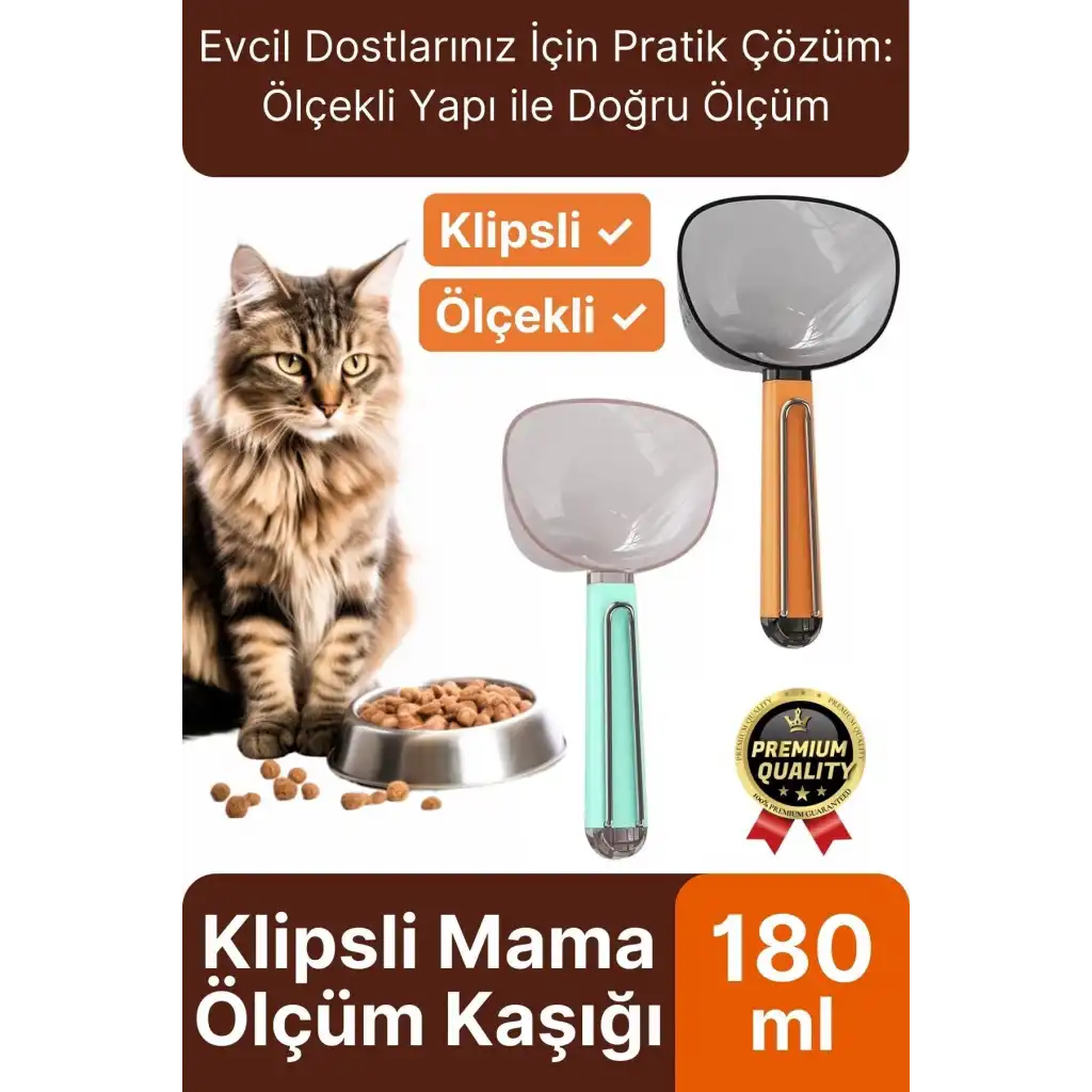 Çok Amaçlı Klipsli Ölçekli Şeffaf Başlıklı 180ml Kapasiteli Kedi Köpek Mama Ölçüm Kaşığı Küreği