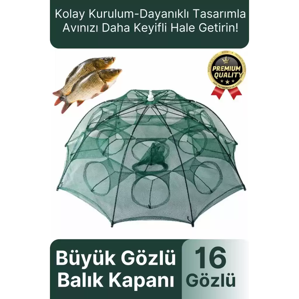 Özel Kolay Kurulum Fermuarlı Yem Bölmeli Büyük Gözlü Yengeç Balık Tuzağı Kapanı Ağı Filesi 16 Gözlü