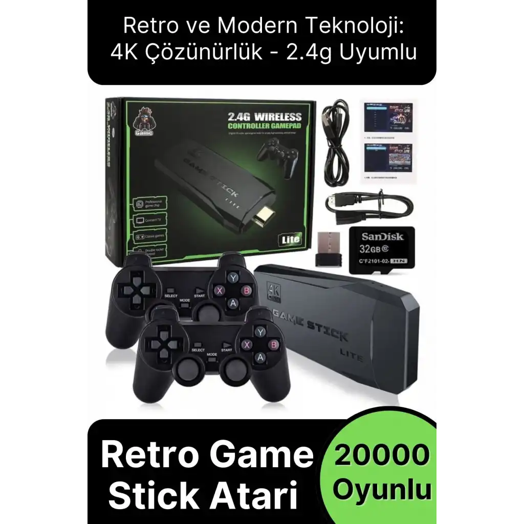 Nostaljik 4K Çözünürlük 2.4g Uyumlu Kablosuz Çift Kol Konsol Retro 20000 Oyunlu Game Stick Atari