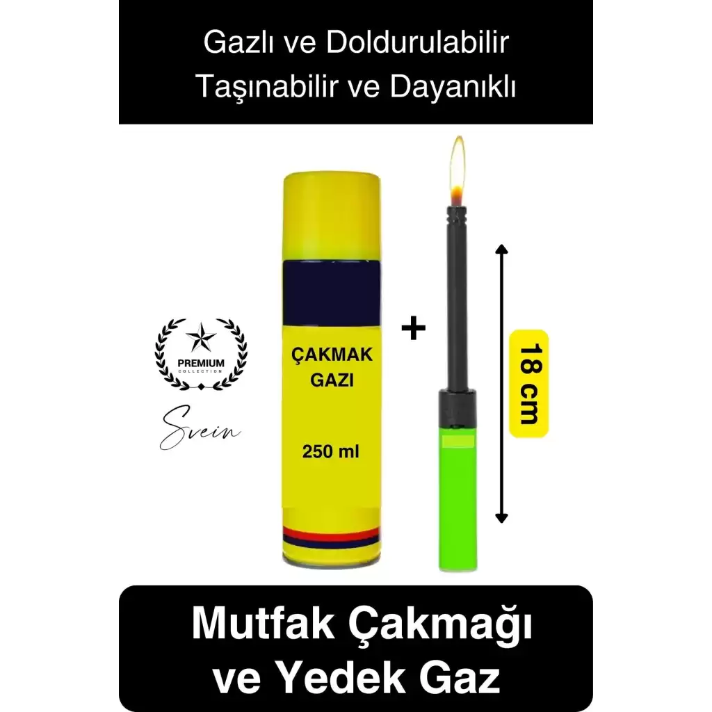 Premium 18 cm Basmalı Uzun Mutfak Çakmağı ve Yedek Gazlı 250 ml Mum Mangal Kamp İçin Normal Alev