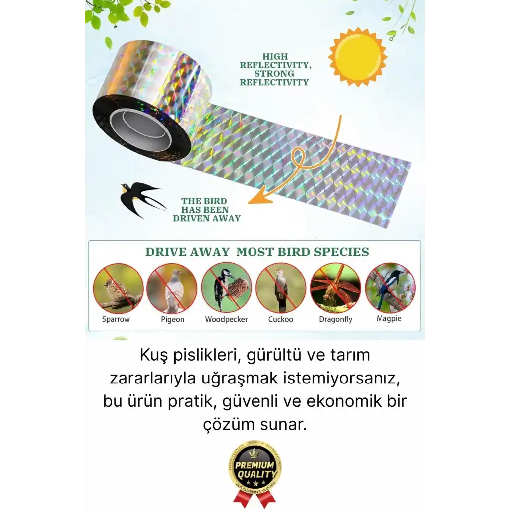 Premium Dayanıklı Yansıtıcı Kuş Kondurmaz Uzaklaştırıcı Hologramlı Kuşsavar Şerit Bant 45 mm x 50 mt
