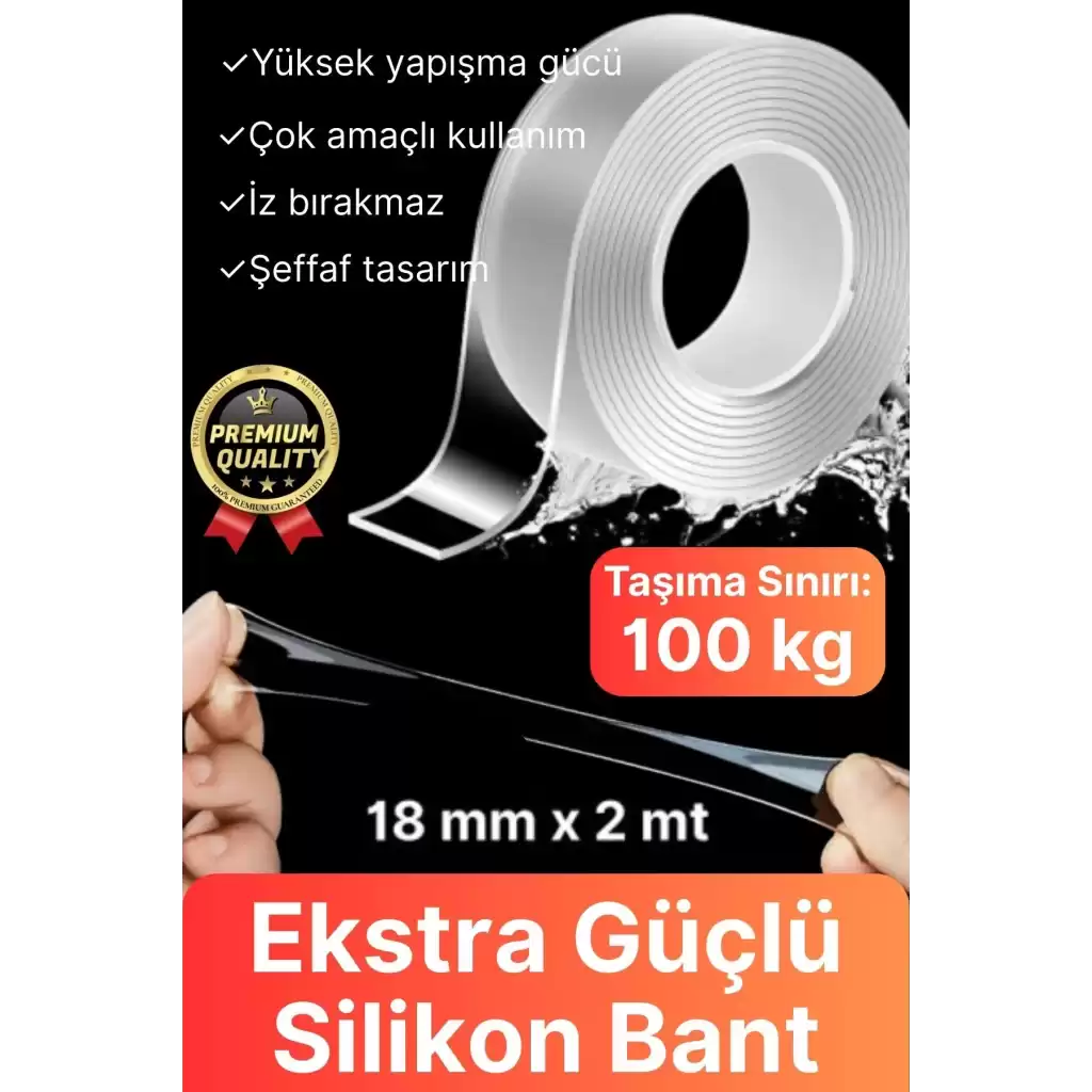 Çok Amaçlı Dayanıklı Çift Taraflı İz Bırakmaz Tamir Montaj Bandı Şeffaf Güçlü Silikon Bant 18mmX 2mt