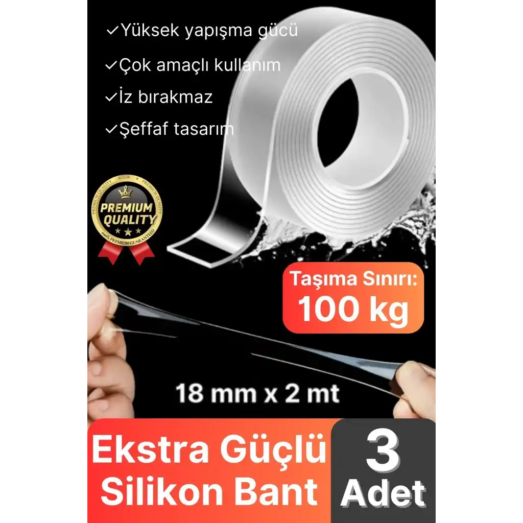 3 Adet Çok Amaçlı Çift Taraflı İz Bırakmaz Tamir Montaj Bandı Şeffaf Güçlü Silikon Bant 18 mm X 2 mt