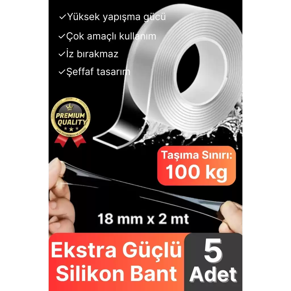 5 Adet Çok Amaçlı Çift Taraflı İz Bırakmaz Tamir Montaj Bandı Şeffaf Güçlü Silikon Bant 18 mm X 2 mt