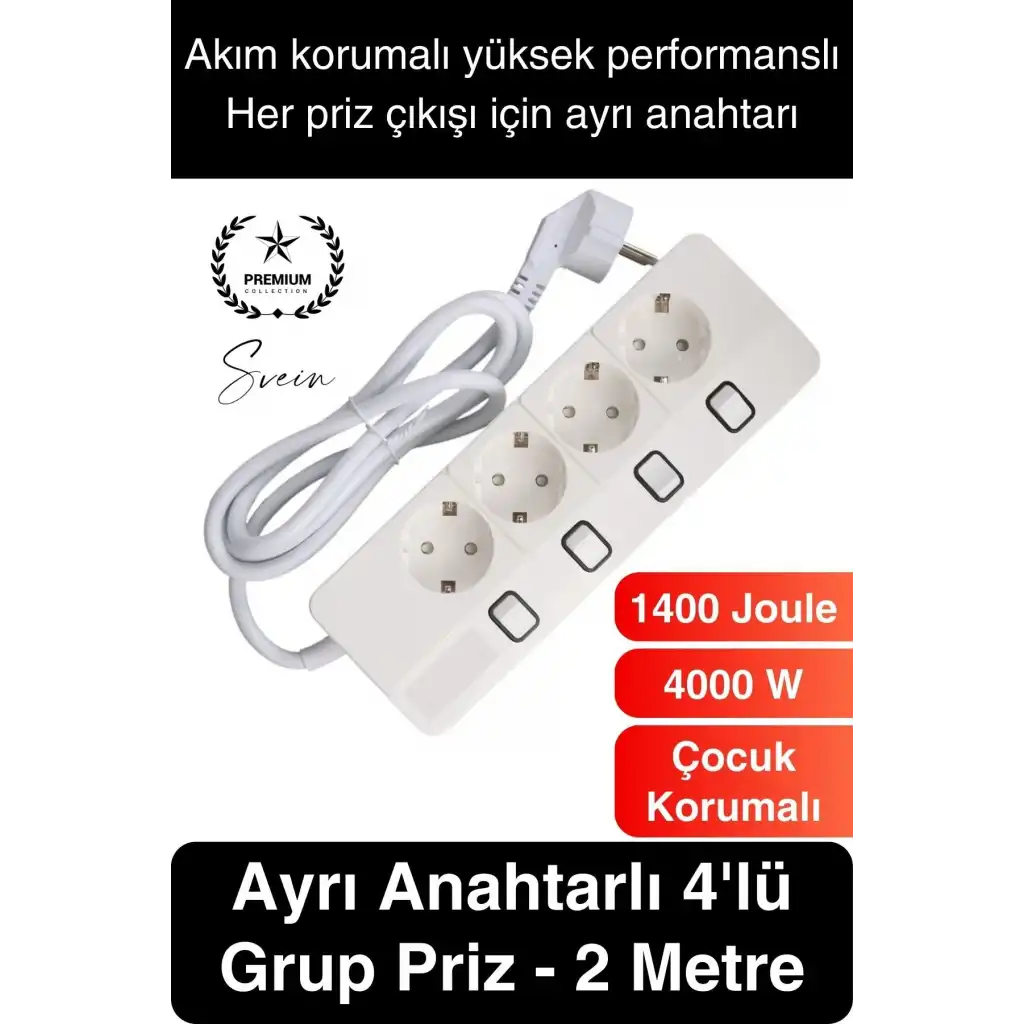 Özel Üretim 4lü Ayrı Anahtarlı 2 Metre Akım Korumalı Grup Priz 1400 Joule 4000W Çoklu Uzatma Kablo