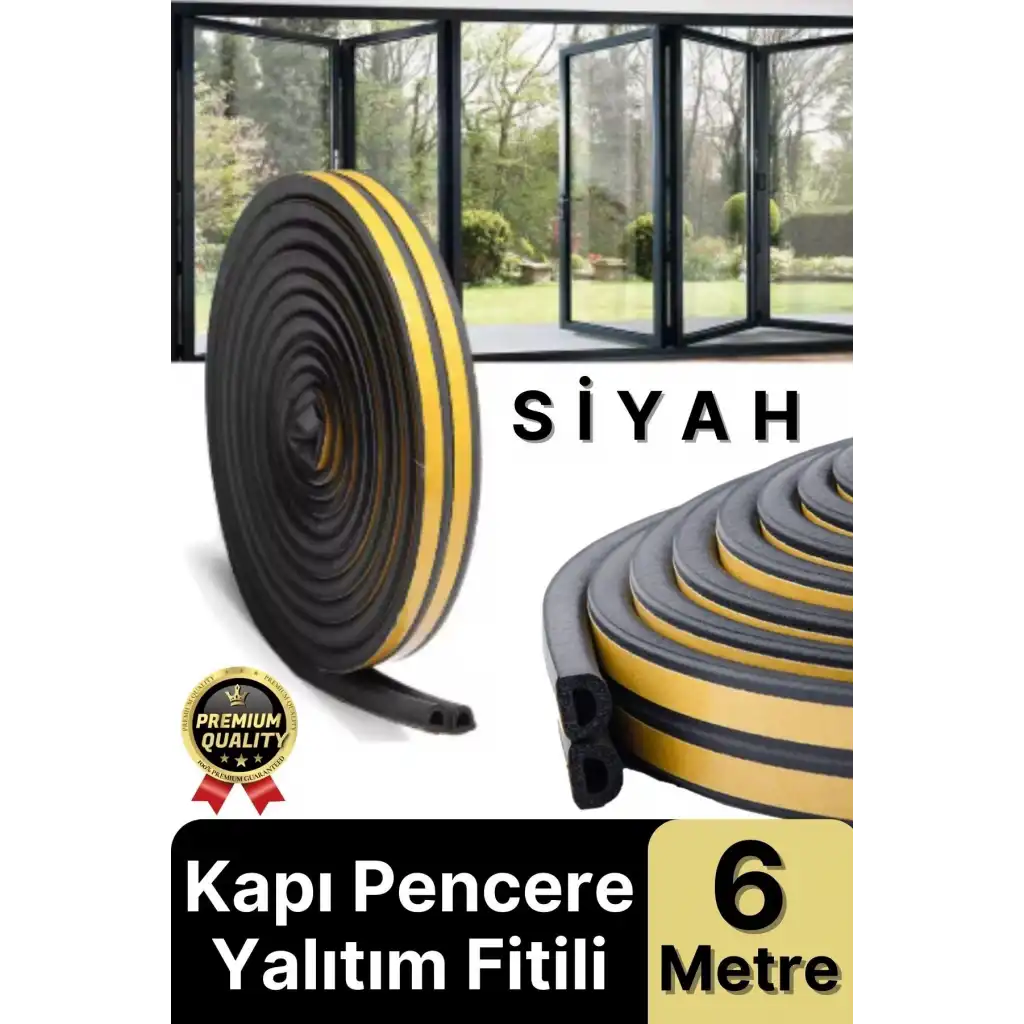 Güçlü Kendinden Yapışkanlı Kapı Pencere Soğuk Hava Geçirmez Yalıtım İzolasyon Siyah Fitil 6 Metre