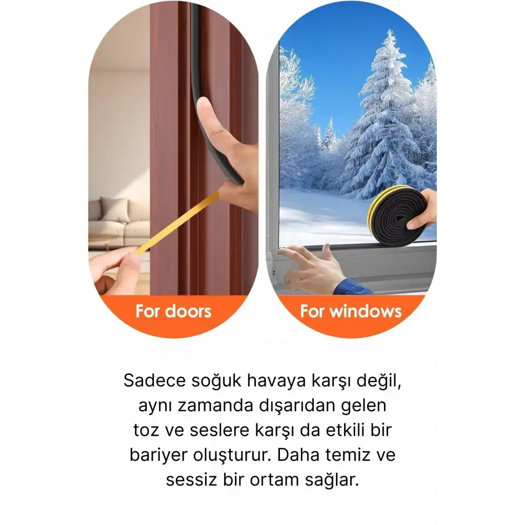 Güçlü Kendinden Yapışkanlı Kapı Pencere Soğuk Hava Geçirmez Yalıtım İzolasyon Siyah Fitil 20 Metre