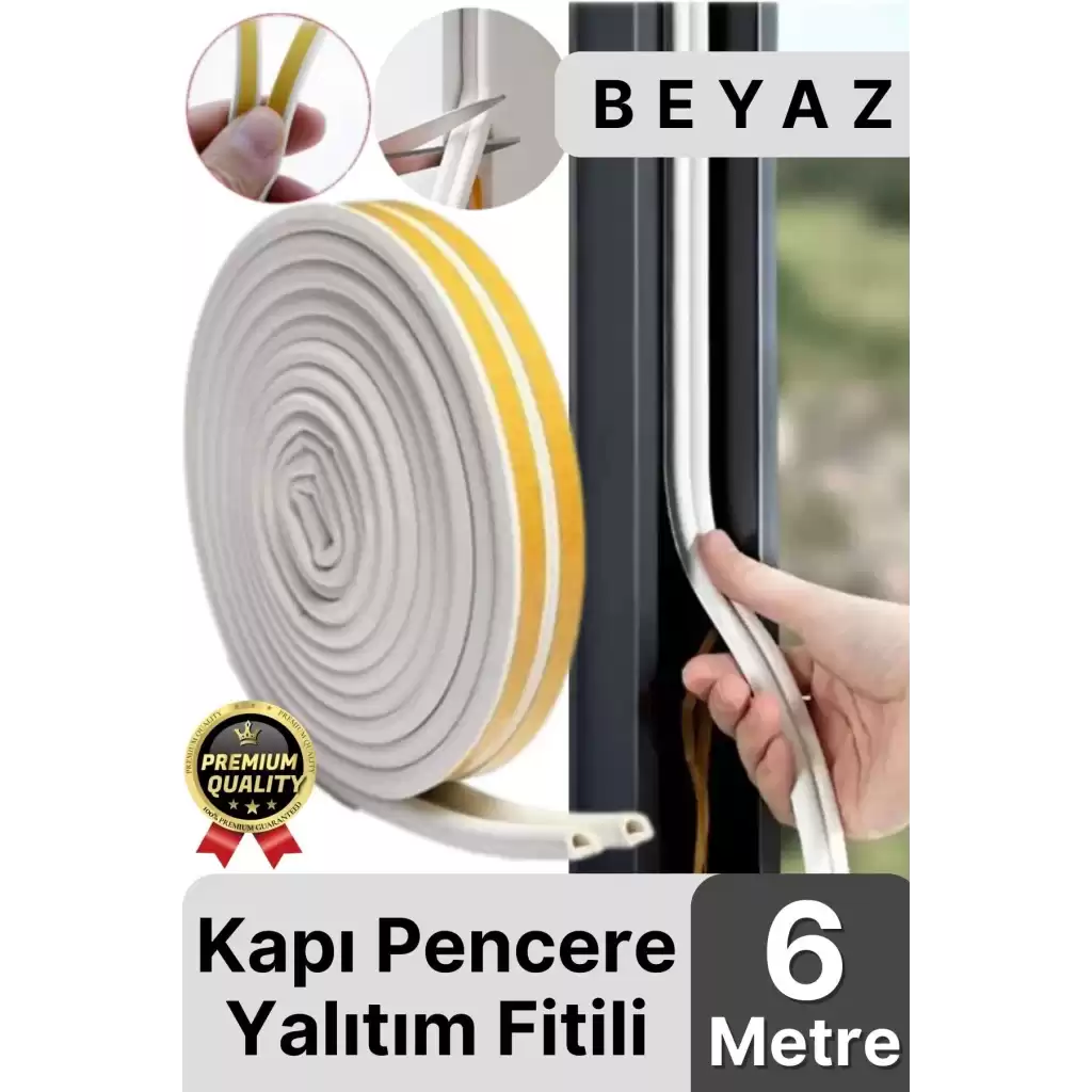Güçlü Kendinden Yapışkanlı Kapı Pencere Soğuk Hava Geçirmez Yalıtım İzolasyon Beyaz Fitil 6 Metre