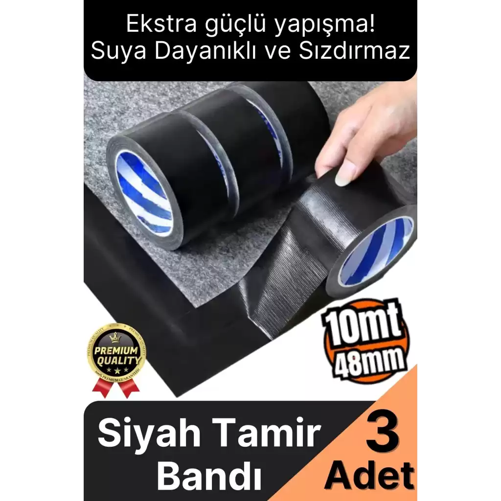 3 Adet Ekstra Güçlü Dayanıklı Su Geçirmez Sızdırmaz Yalıtım İzolasyon Siyah Tamir Bandı 10 Mt 48 Mm