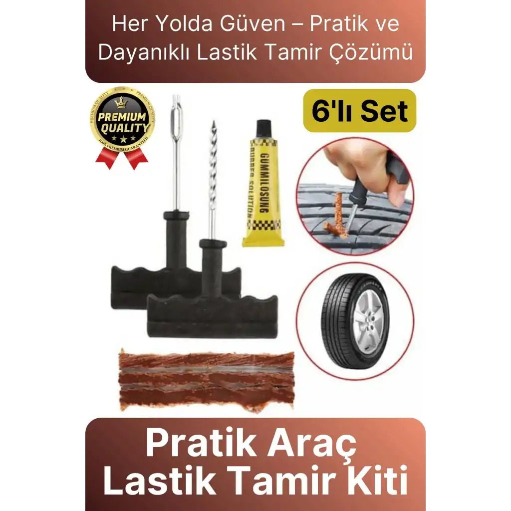 Çok Amaçlı Pratik Patlayan Tekerlek Araç Bisiklet Lastik Tamir Kiti Macun Fitil Atma Seti 6 Parça