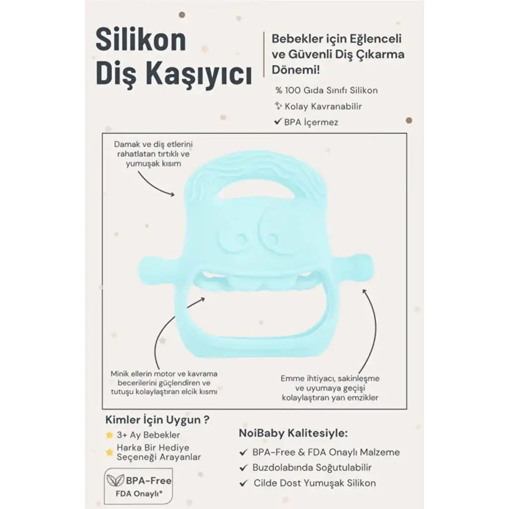 Eğlenceli Yumuşak Esnek Bpa İçermeyen Diş Çıkarma Dönemi Kaşıma Silikon Mavi Bebek Diş Kaşıyıcı