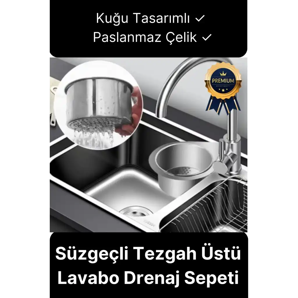 Premium Modern Paslanmaz Çelik Kuğu Tasarımlı Süzgeçli Asılabilen Tezgah Üstü Lavabo Drenaj Sepeti
