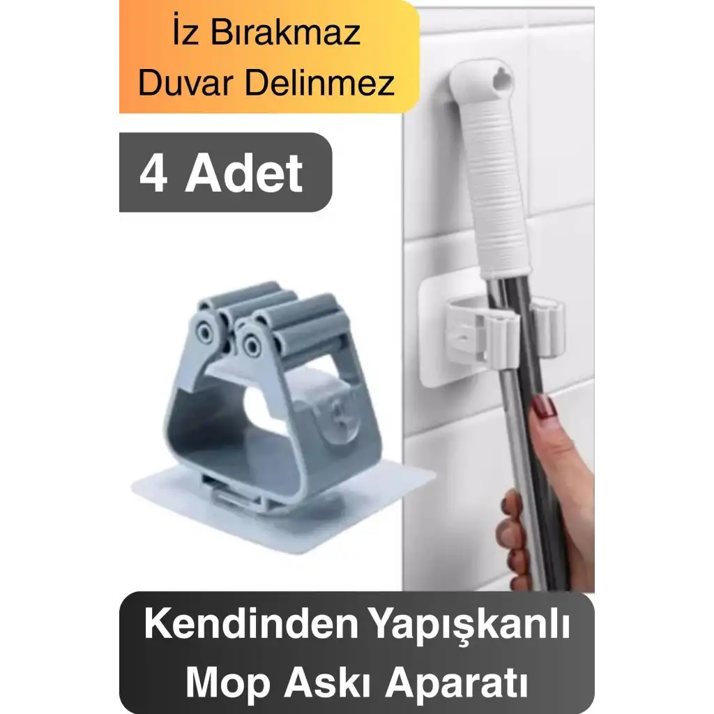 4 Adet Güçlü Tutunabilen Kendinden Yapışkanlı Mop Paspas Sabitleyici Duvara Monte İz Bırakmaz Tutucu