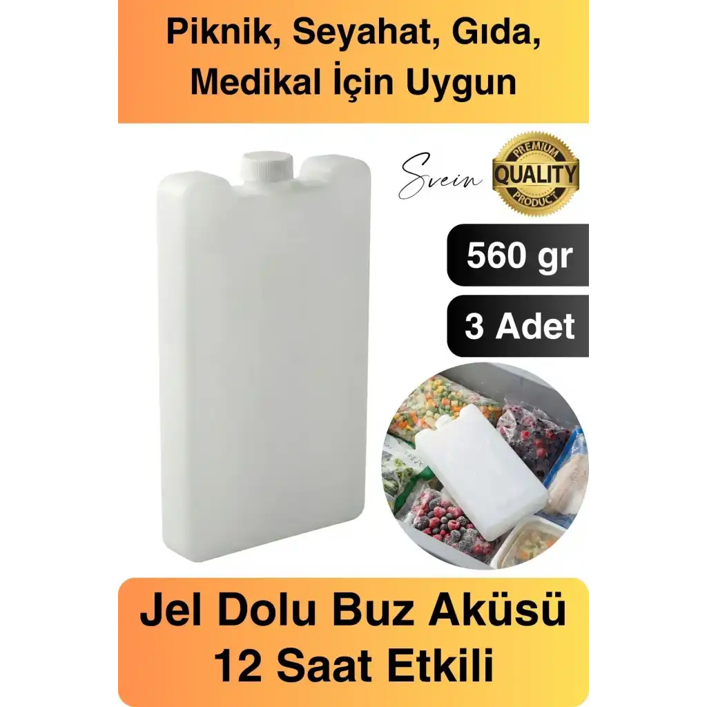 12 Saat Süreli 560 gr Jel Dolu Buz Aküsü Plastik Soğuk Zincir Gıda Yiyecek Uzun Süre Koruma 3 Adet