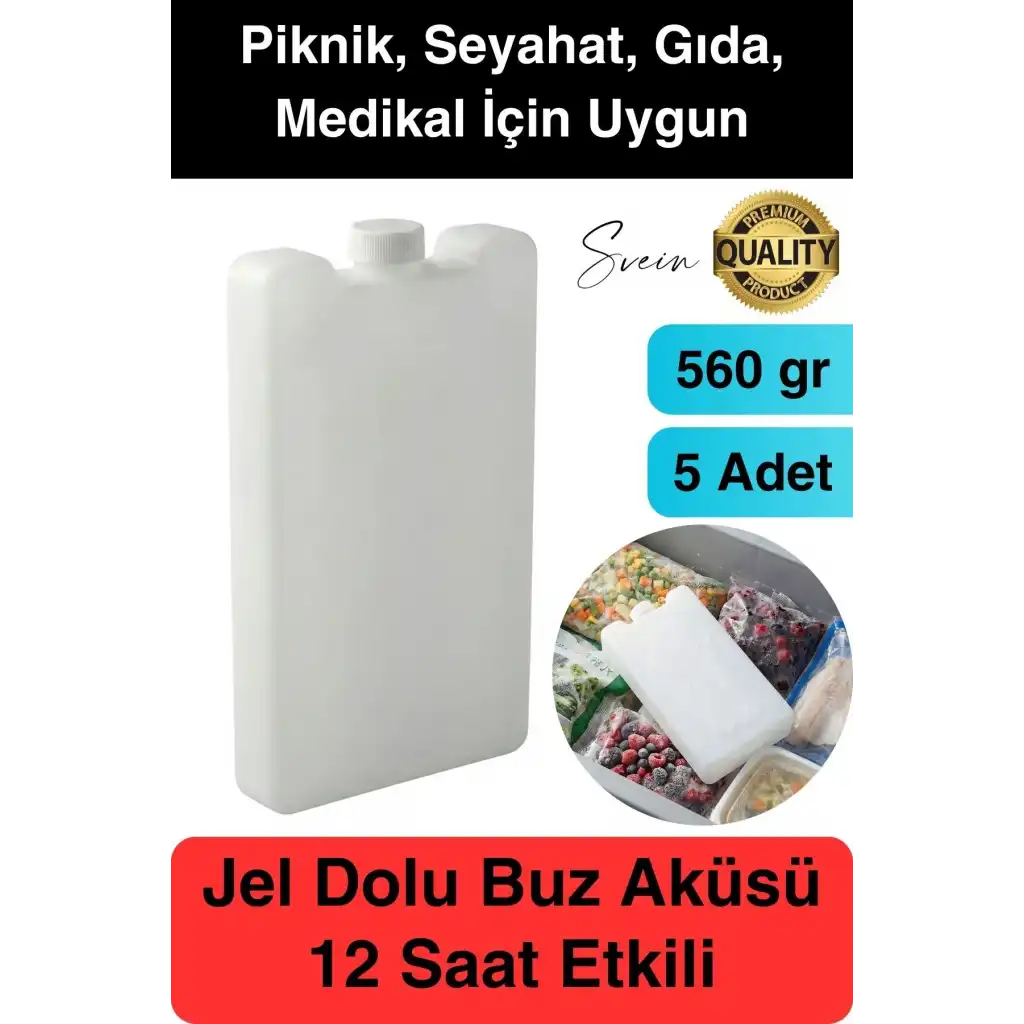 12 Saat Süreli 560 gr Jel Dolu Buz Aküsü Plastik Soğuk Zincir Gıda Yiyecek Uzun Süre Koruma 5 Adet