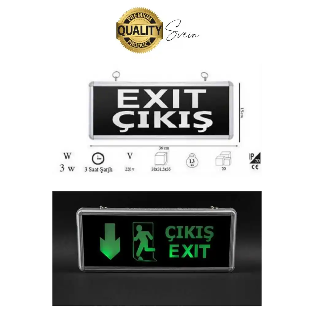 Işıklı Aşağı Çift Yönlü Acil Çıkış Exit Tabelası Şarjlı Yönlendirme Parlayan Armatür Uyarı Levhası