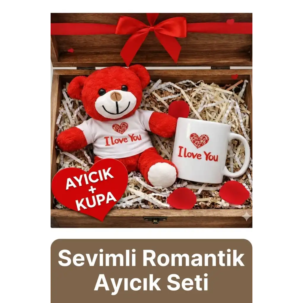 Özel Tasarım Sevimli Romantik Hediye Gift Sevgili I Love You Baskılı Kupa Ve Kırmızı Ayıcık Seti