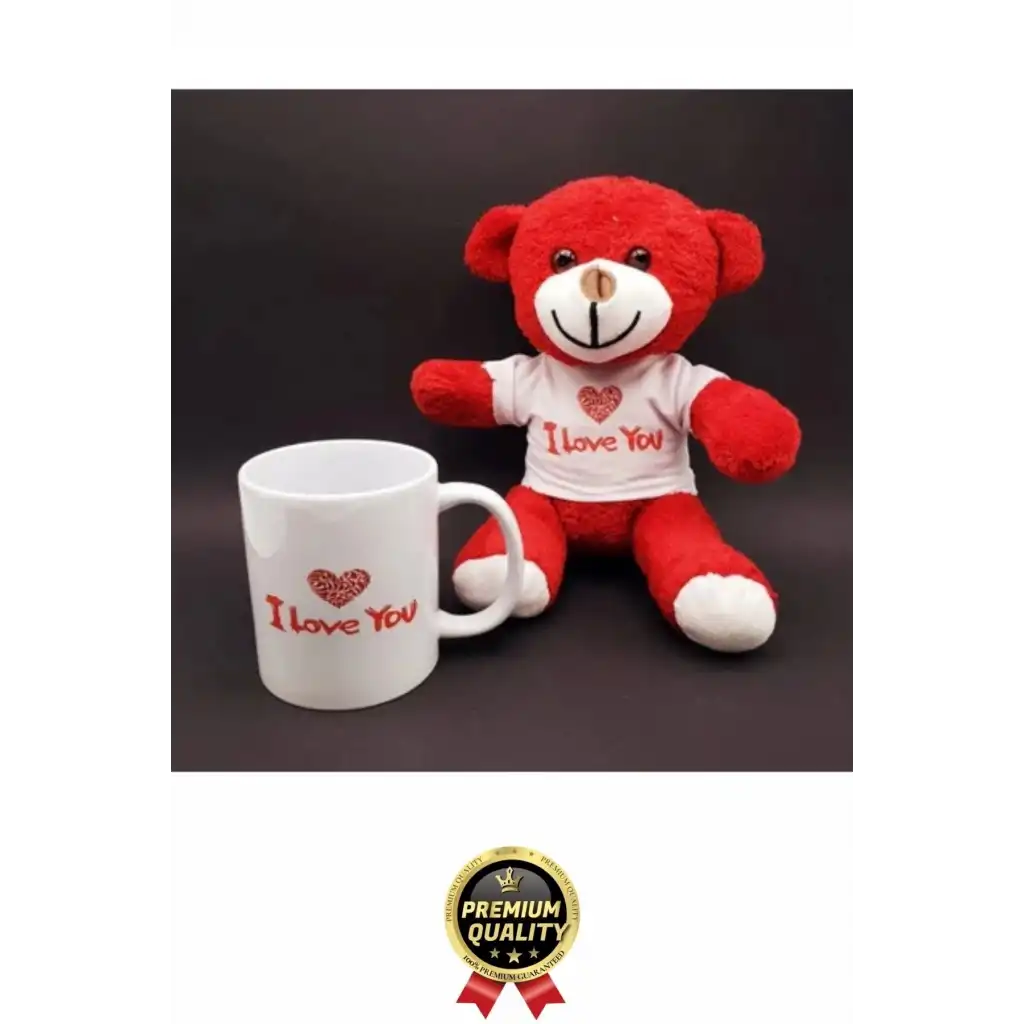 Özel Tasarım Sevimli Romantik Hediye Gift Sevgili I Love You Baskılı Kupa Ve Kırmızı Ayıcık Seti