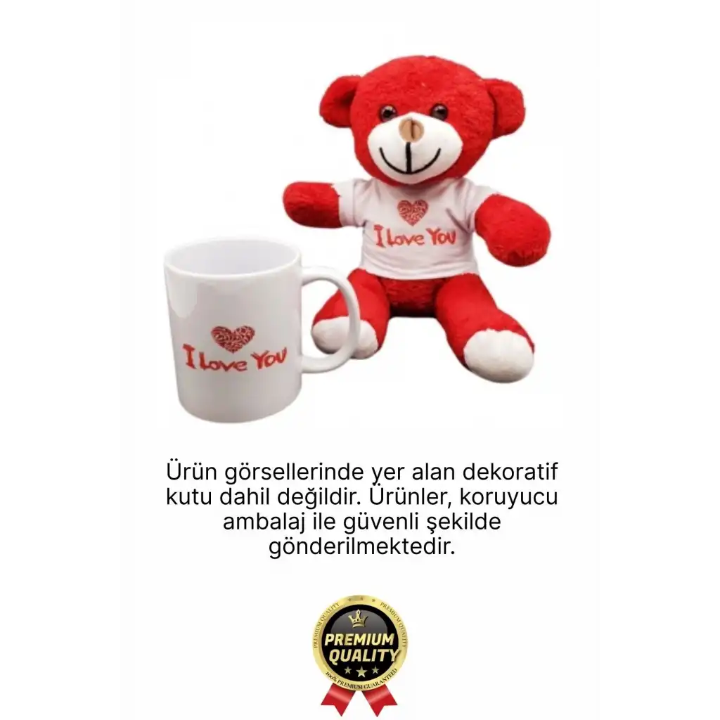 Özel Tasarım Sevimli Romantik Hediye Gift Sevgili I Love You Baskılı Kupa Ve Kırmızı Ayıcık Seti