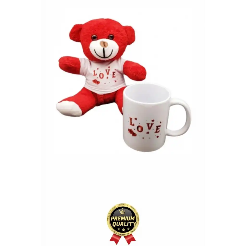 Özel Tasarım Romantik Sevimli Hediye Sevgili Aşk Love Tasarımlı Kupa Bardak Ve Kırmızı Ayıcık Seti