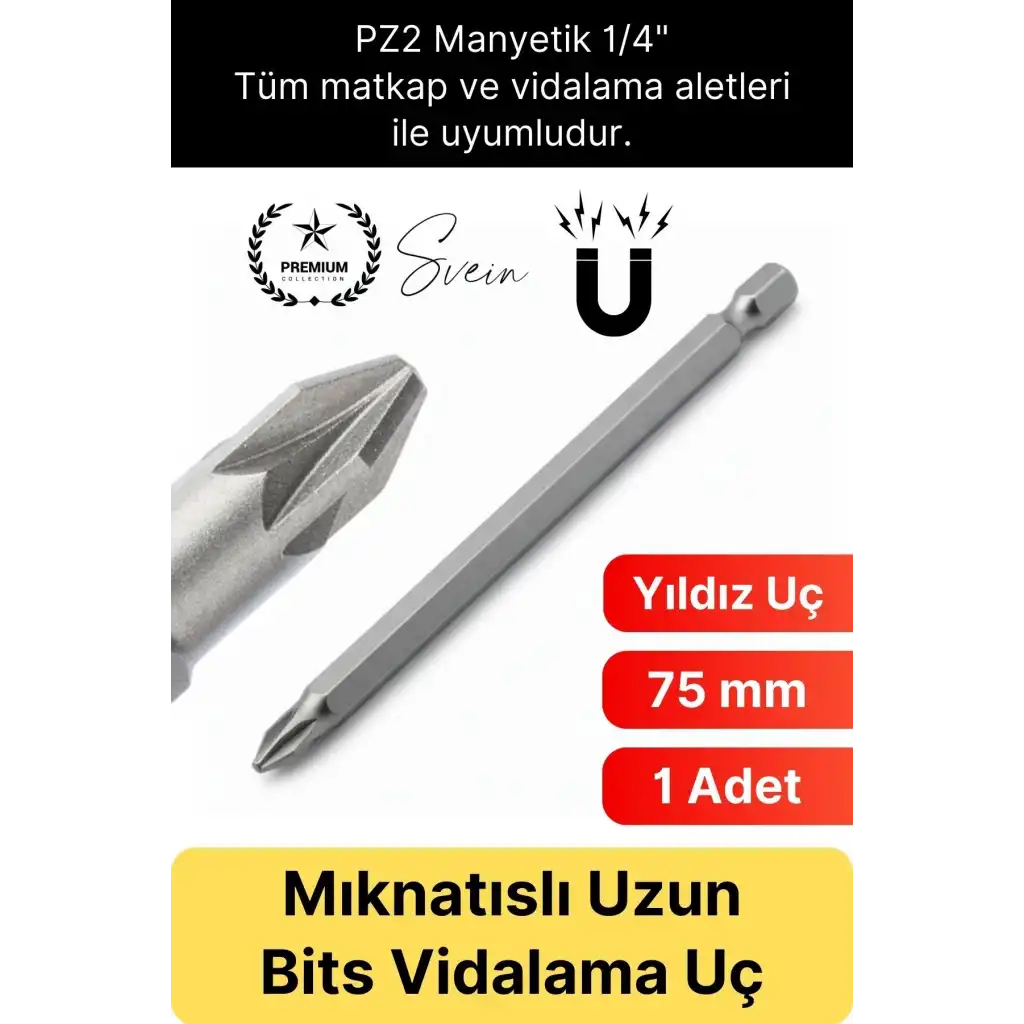 #Bitsuç Mıknatıslı 75 mm Yıldız Vidalama Bits Uç PZ2 Manyetik 1/4 Şarjlı Matkap Ucu Uzun Boy 1 Adet
