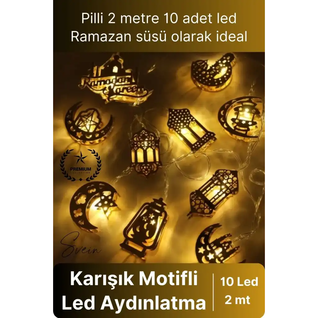 #LedIşık Gold Metal Ramazan Ayı Özel Seri Aydınlatma Karışık Motifli Şık 2 Metre 10 Led Günışığı