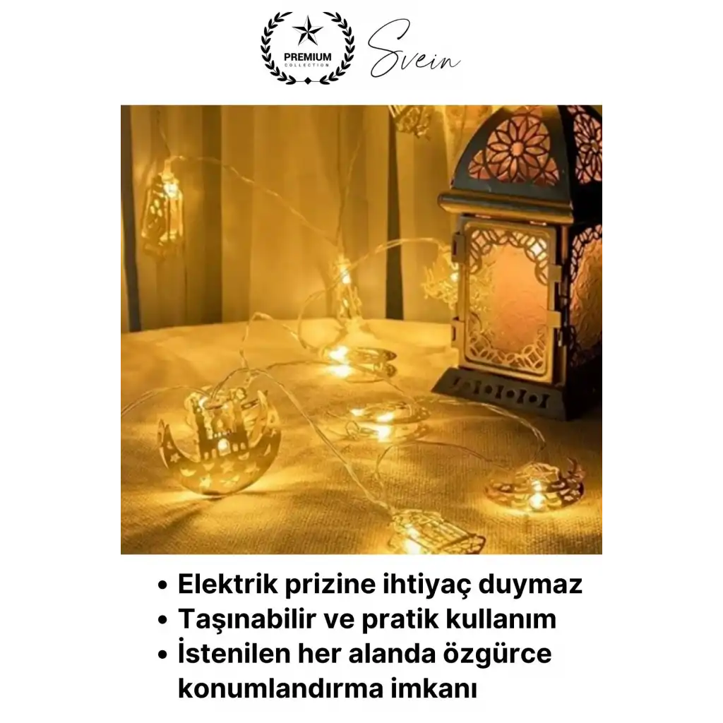 #LedIşık Gold Metal Ramazan Ayı Özel Seri Aydınlatma Karışık Motifli Şık 2 Metre 10 Led Günışığı
