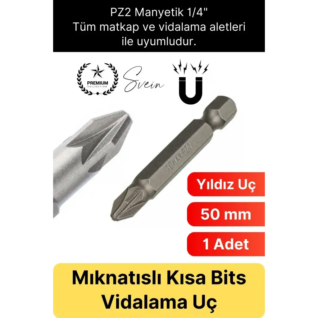#Bitsuç 50 mm Mıknatıslı Yıldız Vidalama Bits Uç PZ2 Manyetik 1/4 Şarjlı Matkap Ucu Kısa Boy 1 Adet