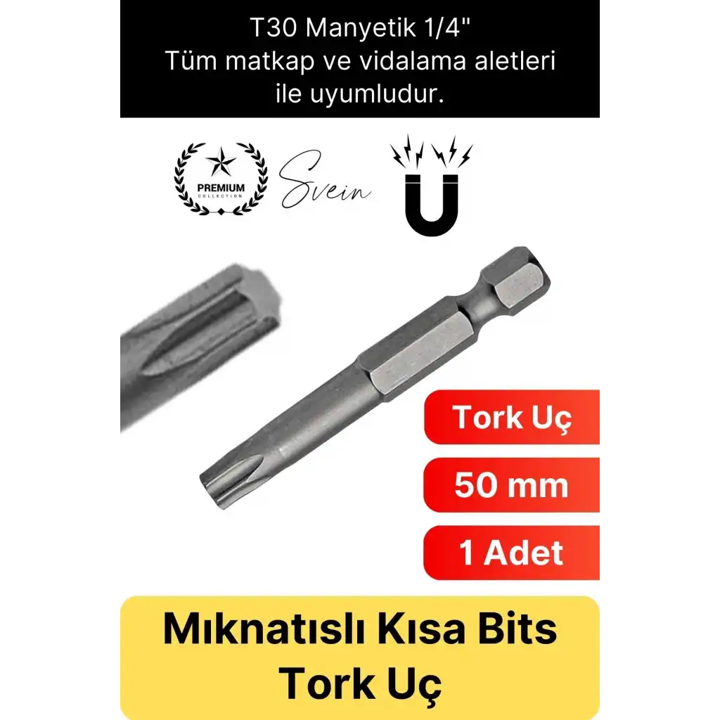 #Bitsuç Mıknatıslı 50 mm Torks Vidalama Bits Uç T30 Manyetik 1/4 Şarjlı Matkap Ucu Kısa Boy 1 Adet