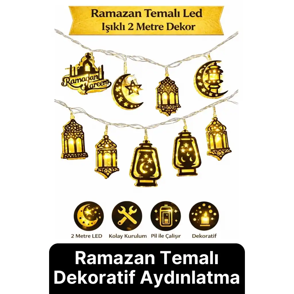 #RamazanLed Estetik Tasarım Süsleme Dekoratif Gold Metal Karışık Figürlü Aydınlatma LED Işık 2 Metre