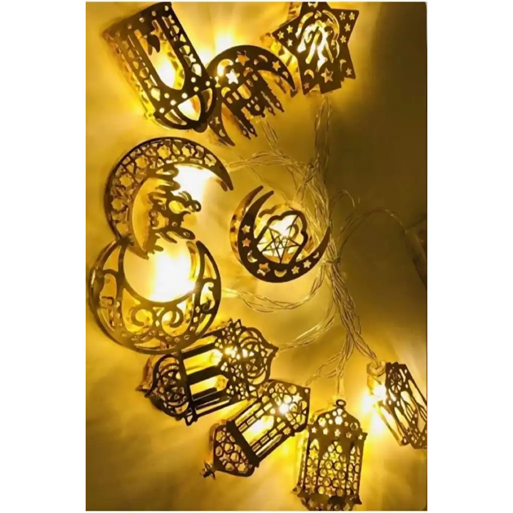 #RamazanLed Estetik Tasarım Süsleme Dekoratif Gold Metal Karışık Figürlü Aydınlatma LED Işık 2 Metre