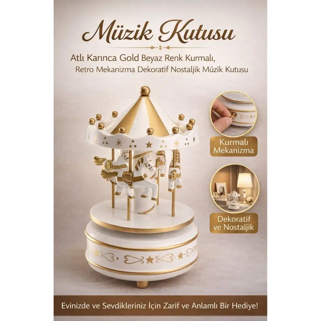 #MüzikKutusu Atlı Karınca Gold Beyaz Nostaljik Hediye Dekoratif Kurmalı Retro Mekanizma Müzik Kutusu