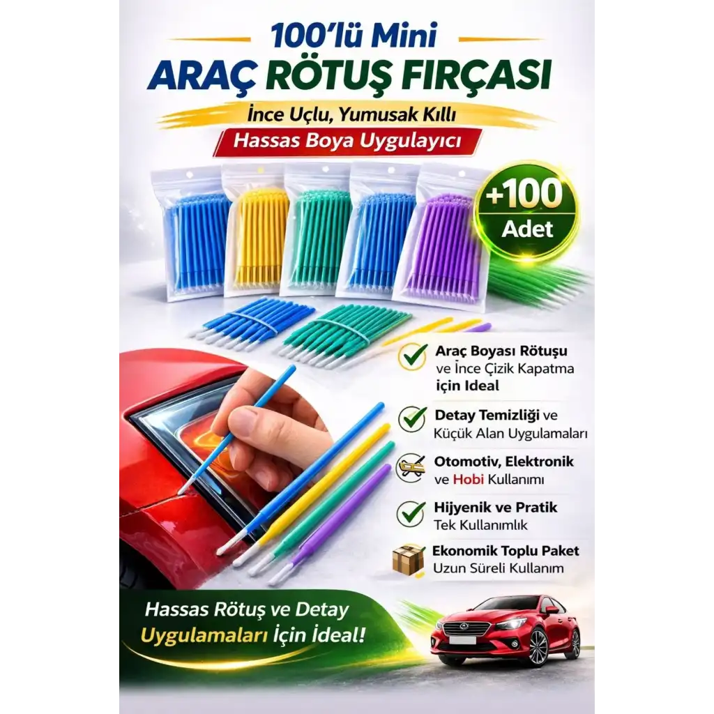 #RötuşBoya Araba Oto Kaporta Çizik Tek Kullanımlık Hassas Detaylı Uygulama Rötuş Fırçası Mini 100lü