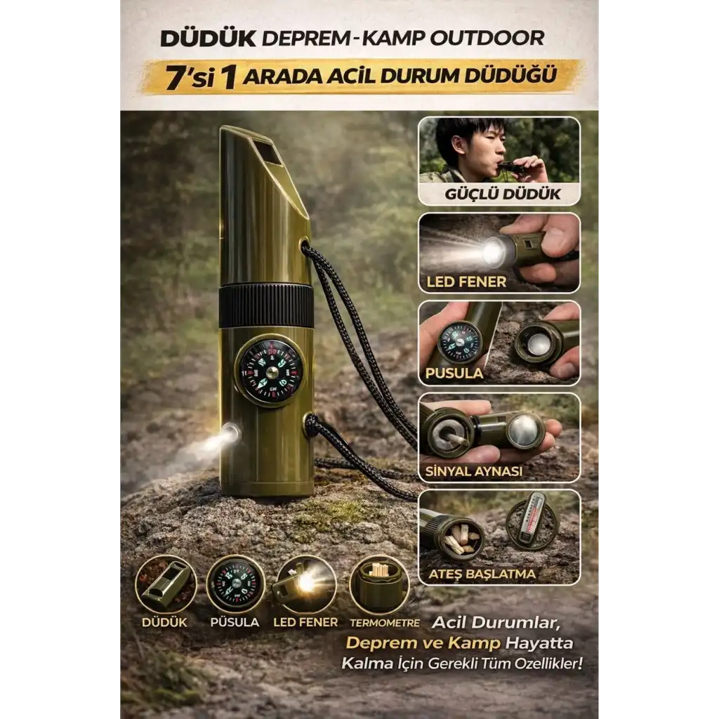 #Düdük Fener Pusula Sinyal Güvenlik Hayatta Kalma Kamp Deprem Outdoor 7si 1 Arada Acil Durum Düdüğü