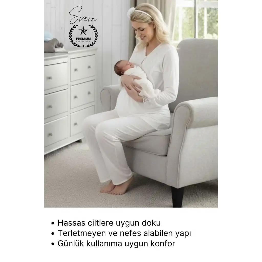 #Pijama Ekru Lohusa Pijama Takımı Hamile ve Doğum Sonrası Anne Adayları için Rahat Yumuşak Şık Sade