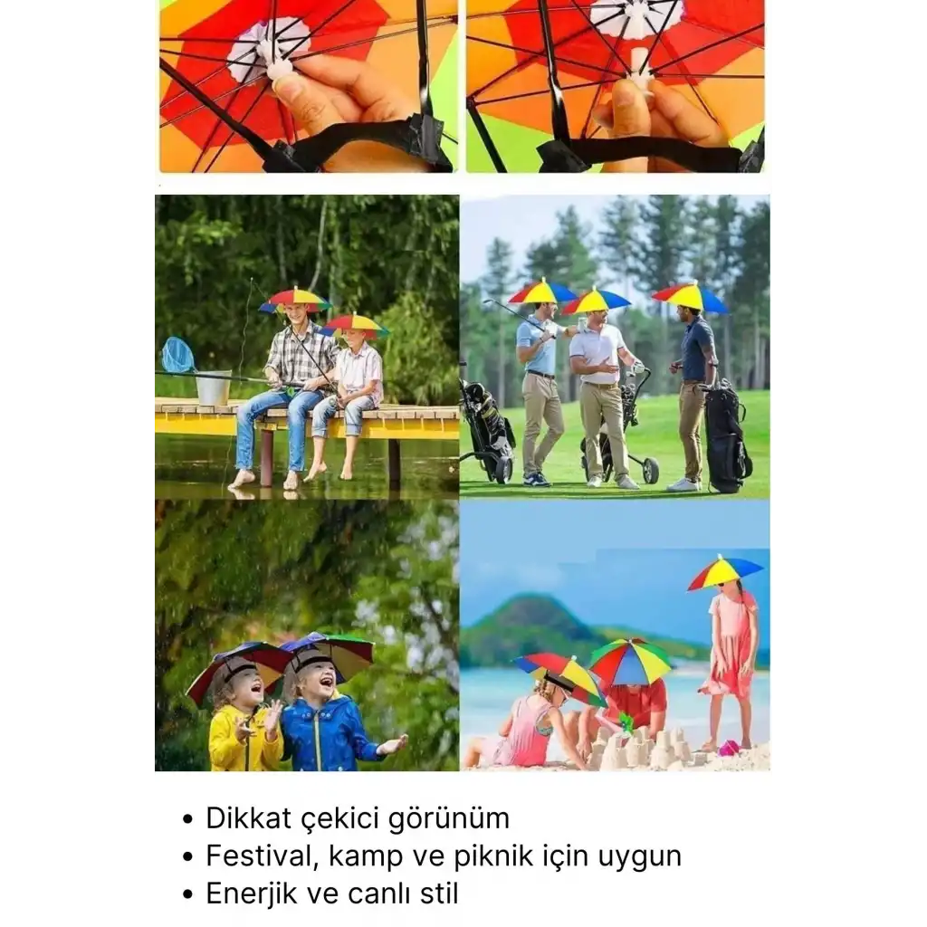 #Şemsiye Şapka Tipi Gökkuşağı Kafa Şemsiyesi Eller Serbest Şemsiye Güneş ve Yağmur Koruyucu Hafif