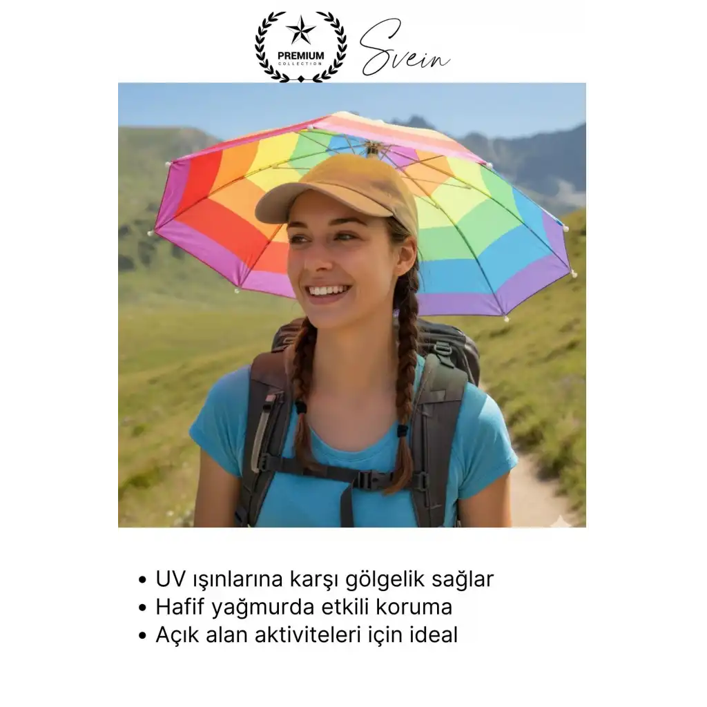 #Şemsiye Şapka Tipi Gökkuşağı Kafa Şemsiyesi Eller Serbest Şemsiye Güneş ve Yağmur Koruyucu Hafif