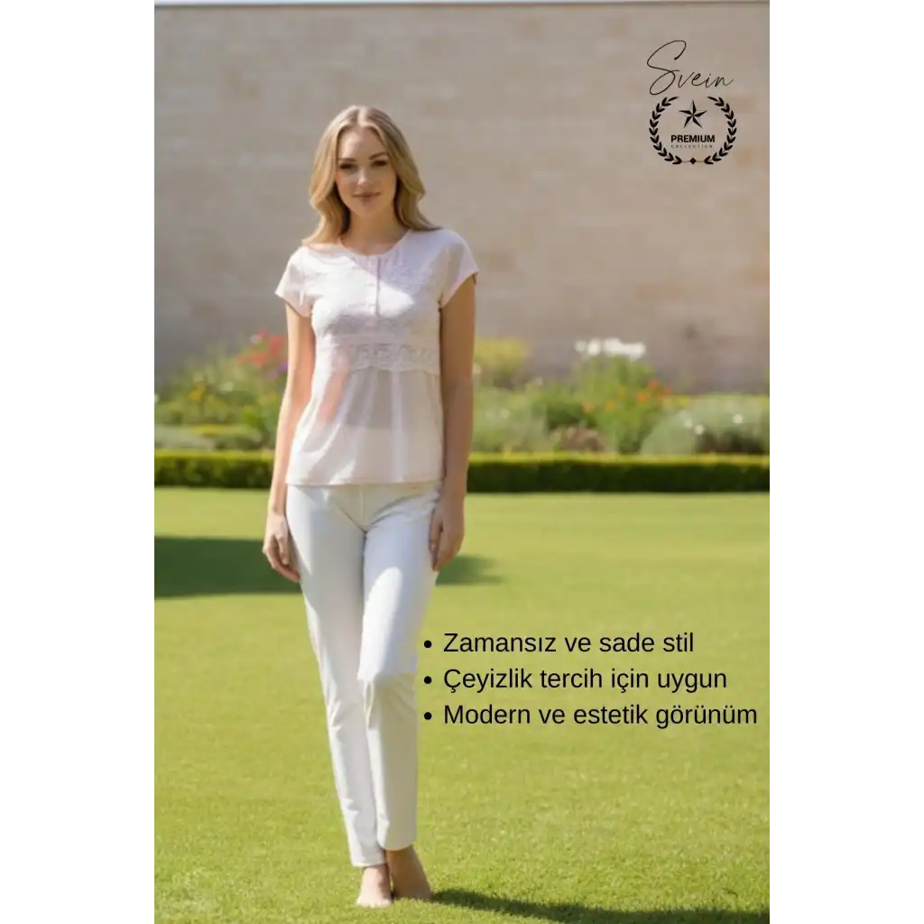 #Pijama Pudra Penye Kadın Pijama Takımı Rahat Ev Giyim Günlük ve Çeyizlik Nefes Alabilen Yumuşak