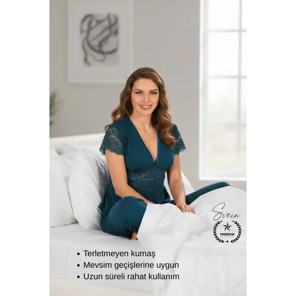 #Pijama Yeşil Nefes Alabilen Yumuşak Kadın Pijama Seti Günlük Kullanım Modern Şık Çeyiz Terletmeyen
