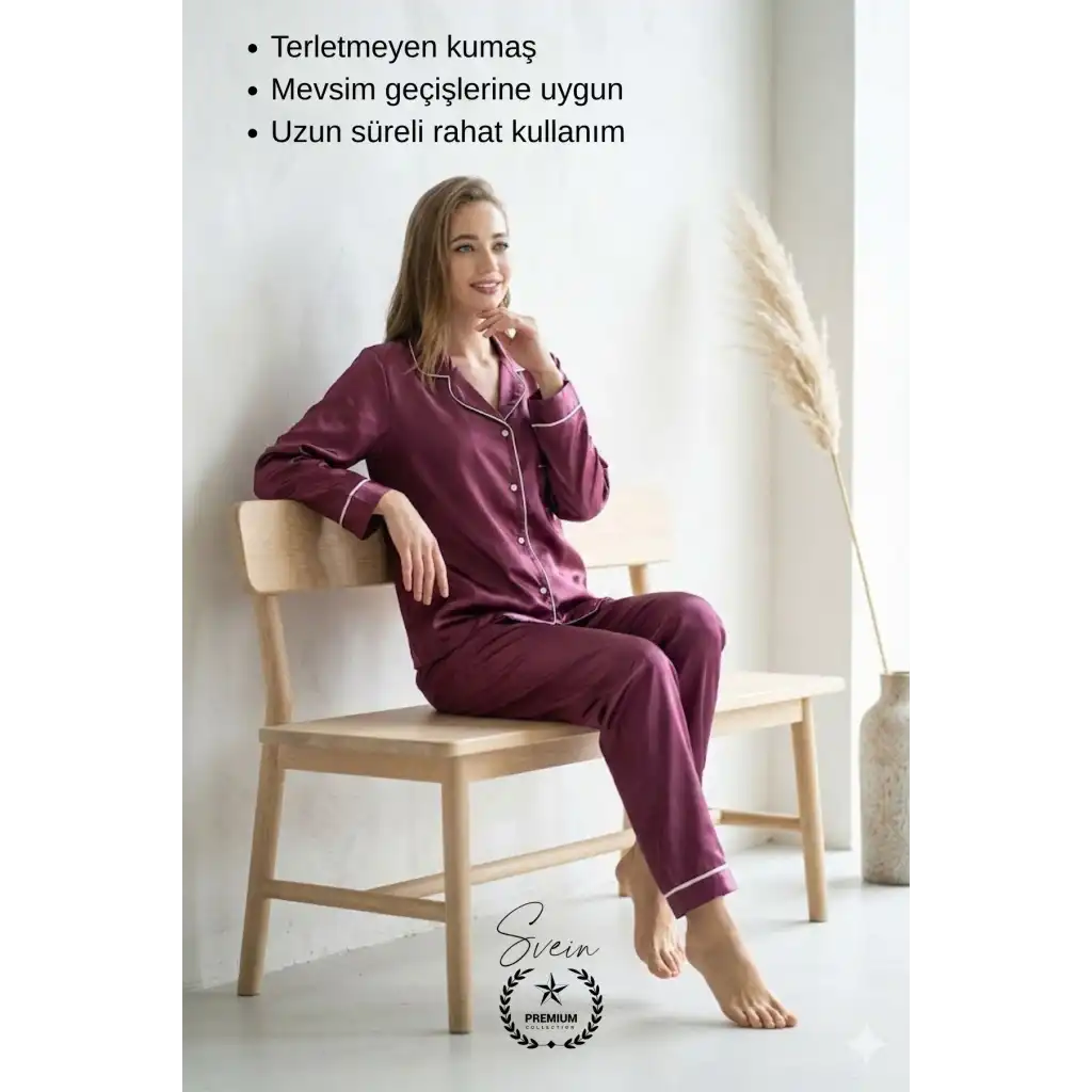 #Pijama Mor Saten Kadın Pijama Takımı Rahat Ev Giyim Günlük ve Çeyizlik Nefes Alabilen Yumuşak