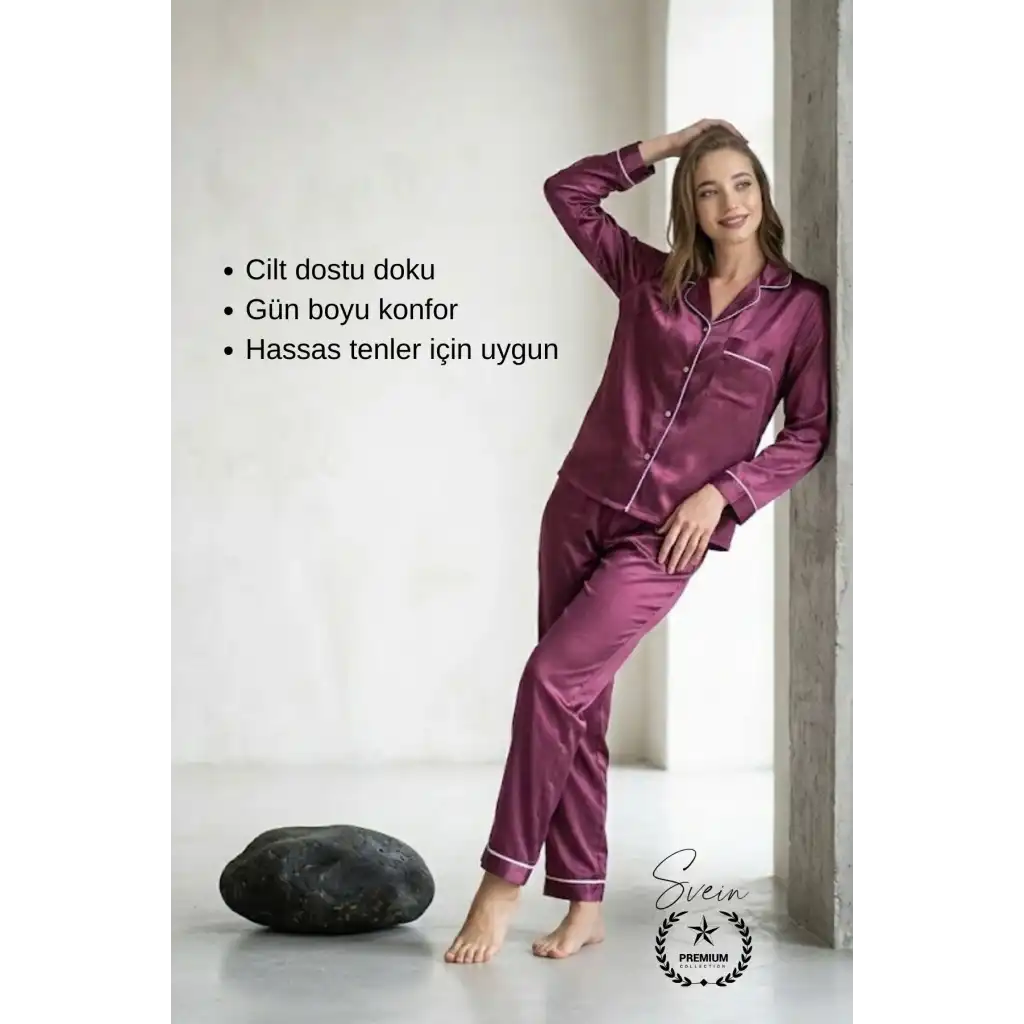 #Pijama Mor Saten Kadın Pijama Takımı Rahat Ev Giyim Günlük ve Çeyizlik Nefes Alabilen Yumuşak